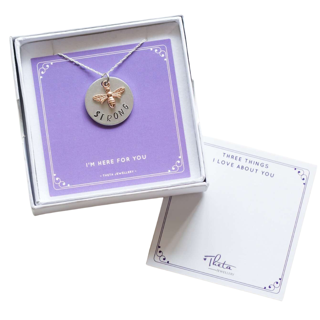 Bee Strong Necklace from Julie Begbie's side hustle Theta Jewellery